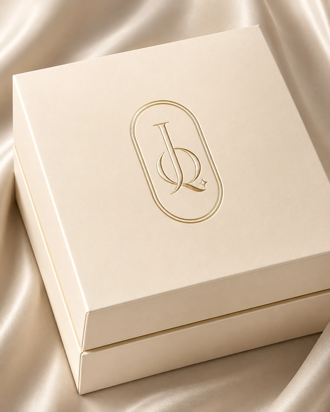 Cremefarbene JILIQUE Schmuckbox mit goldgeprägtem Monogramm auf Seide